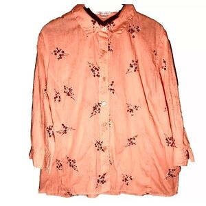 Peach Floral Erin LondonTop Size L Button Up Brown and White Embroidered Flowers